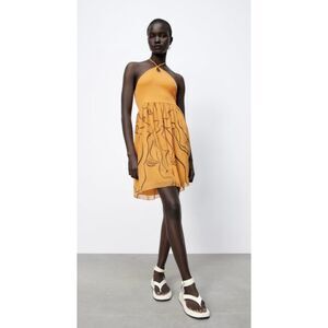 Zara x Dina Bukva Designer Drawing Cutout Halter Mini Dress Orange Black Small‎